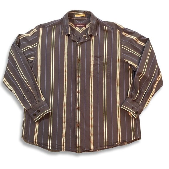Tommy Bahama Shirt Mens L Button Up 100% Silk Brown‎ Blue Stripes Long Sleeves - Picture 1 of 11